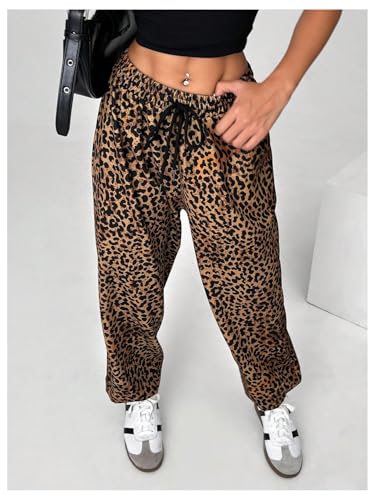 OYOANGLE Women's Leopard Print Drawstring Elastic Waist Jogger Pants Y2k Loose Casual Sweatpants3
