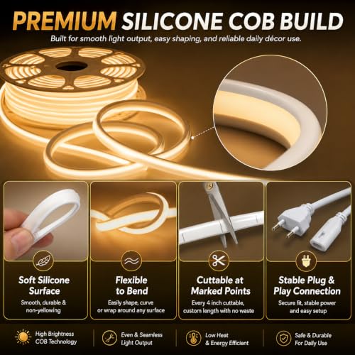 Image of One94Store 5M LED Neon Strip Light, 10mm Warm White Waterproof Flexible COB Neon Rope Light, Cuttable LED Strip for Indoor Outdoor Wall Decor, Home, Shop, Party & Festival, 6 Month Warranty