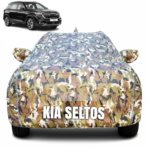 Image of 100% Waterproof Car Body Cover for Kia Seltos (2019-2024) with Mirror Pocket (Heat & UV Resistant, Triple Stitched, Soft Lining, Bottom Elastic & Piping) Camouflage, Military Print