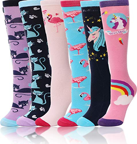 ANTSANG Kids Girls Knee High Socks Long Boot Crazy Silly Fun Gift Cute Tall Animal Socks for Child 6 Pairs Stocking Stuffers Gifts for 10 Year Old Girls Birthday Gifts Ideas(Mixed Animals)