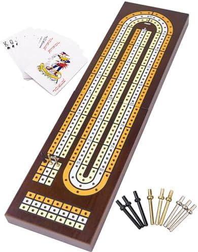 Wooden Cribbage Board Game Set,Solid Wood 3 Track Cribbage Board,Magnetic Storage for 9 Metal Pegs,Deck of Playing Cards,Fun Table Game,Game Night, Travel (Instruction Included)