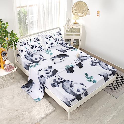 CVHOUSE Panda Fitted Sheet Twin Size - Bedding Set for Boys Girls, Cute Bed Sheet Set, 1 Flat Sheet & 1 Fitted Sheet With 2 Pillow Cases - 4 Piece