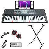 【スタンドセット アプリ連動 鍵盤光る 日本語パネル】 トモイ TOMOI 電子キーボード 61鍵盤 日本語表記 ライトガイド 光ナビゲーション 電池給電可能 200種類音色 200種類リズム 80デモ曲 マイク 譜面台 イヤホン付属 鍵盤シール ピアノクロス 楽譜クリップ 日本語説明書 初心者 子供 練習 お勧め (黒)