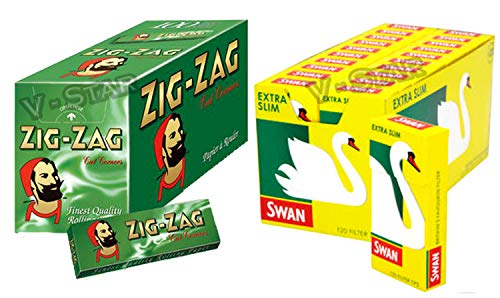 FULL BOX OF ZIG ZAG GREEN ROLLING PAPERS + FULL BOX OF SWAN FILTER TIPS (EXTRA SLIM)