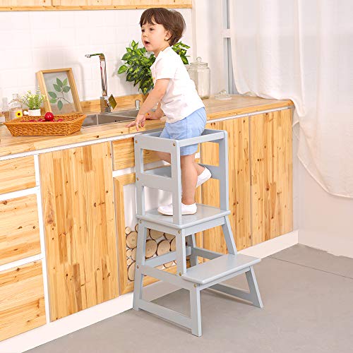 SDADI Kids Kitchen Step Stool with Safety Rail - for Toddlers 18 Months and Older, Gray LT01G