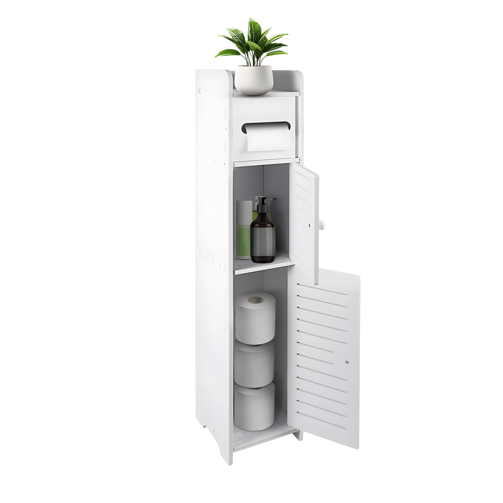 SUNNYNEST 3-Tier Tall Bathroom Storage Cabinet -(80H x 15.5W x 15.5D cm) Slim Freestanding Toilet Paper & Cleaning Supply Organizer with Shelves, White