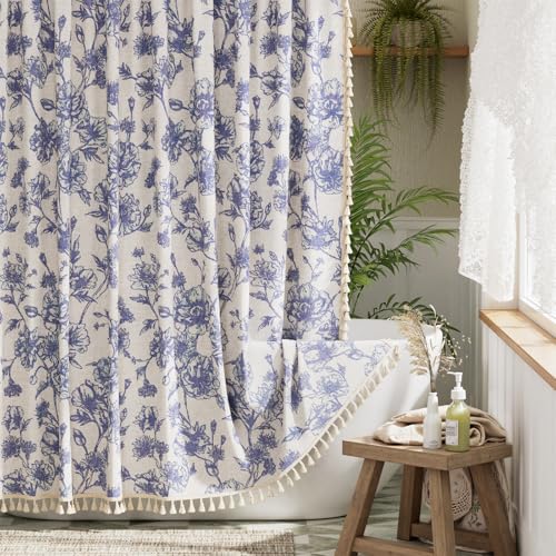 Bathway Farmhouse Floral Shower Curtain Blue Linen Textured Shower Curtains Rustic with Three Sides Tassel Vintage Cottage Spring Shower Curtain with 12 Metal Hooks for Bathroom 72 W x 72 L