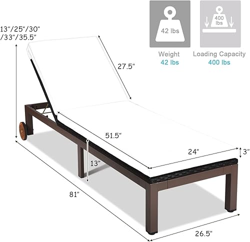 Miniatura 3 de COSTWAY Patio Rattan Lounge Chair Chaise Recliner Back Adjustable Cushioned WWheels White
