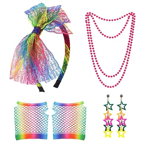 Grantop 80s Fancy Dress Costume Accessories for Women 1980s Fancy Party Costume Set including Lace Headband Earrings Necklace Fishnet Glove