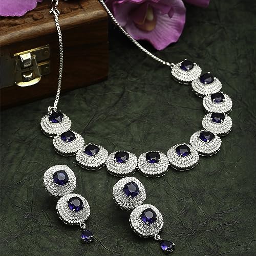 Image of ZENEME Rhodium Plated Silver Toned Triangular Shaped American Diamond Studded Jewellery Set For Women and Girl