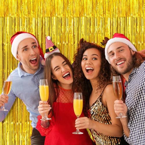 Image of 3 Pack Gold Foil Fringe Curtains Backdrop, 3.28 x 9.8 Ft Metallic Streamers Tinsel Curtains Background for Photo Booth, Birthday, Halloween, Christmas, Thanksgiving, New Year Party Decorations