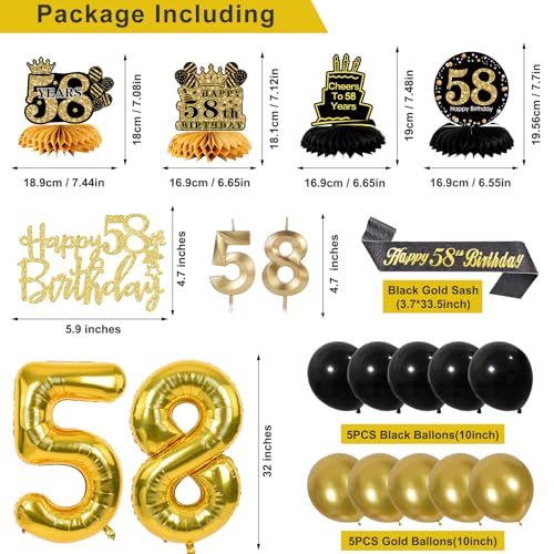 Image of 58th Birthday Decorations for Men, Black Gold 58th Party Decoration Kits | 27pcs Happy 58th Birthday Set, Banner, Honeycomb, Balloons, Gold Number, Candle, Hanging Swirls, Cake Topper, Party Supplies