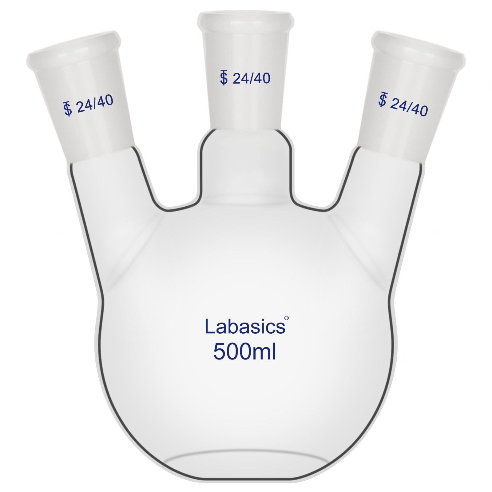 Labasics 3-Hals-Kolben mit Rundboden, Borosilikatglas, 24/40 Schliffe, für Laborexperimente, Destillation und Rückfluss, 500ml