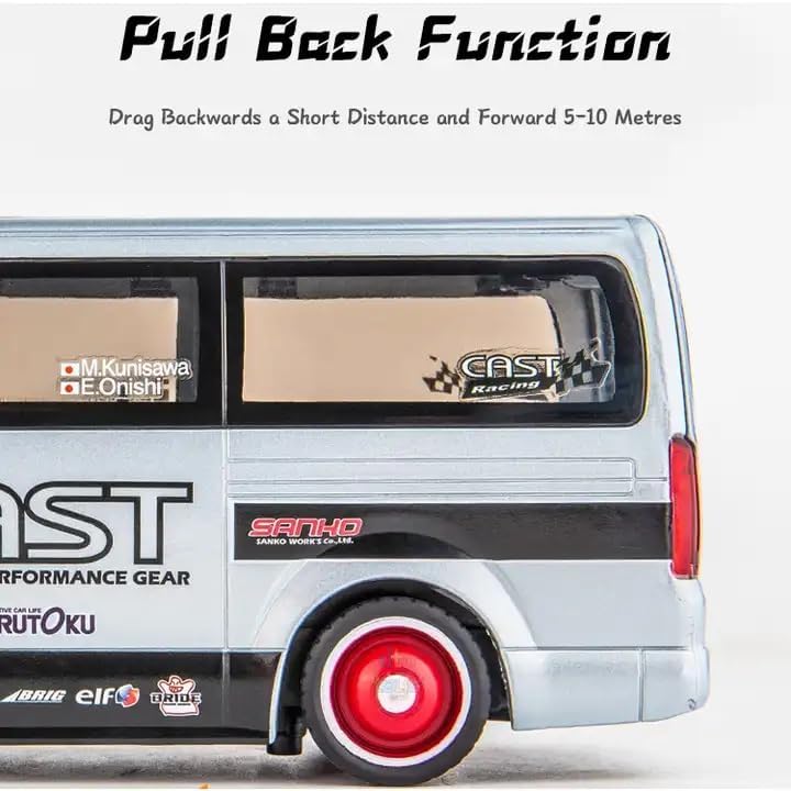 Image of 1:32 Scale Hiace Racing School Van Toy Car | Metal Pullback Diecast Car for Kids with Openable Doors, Sound, Light Effects Toy for Car Enthusiasts (Color As Per Available), White