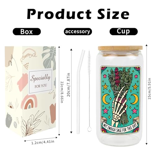 Image of AFRITEE Funny Skull Glass Cups - Not Enough Sage for This Shit Gothic Skeleton 16 oz Glass Cups with Lids and Straws, Iced Coffee Tumbler Witchcraft Gifts for Female Tarot Lovers