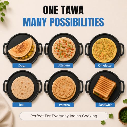 Image of DOCAT Cast Iron Dosa Tawa 30 cm | Pre-Seasoned Iron Tawa for Dosa, Roti, Chapati & Paratha | 8 mm Heavy Duty, Gas, Induction, Electric & OTG Friendly | 100% Pure & Toxin-Free, No Chemical Coating