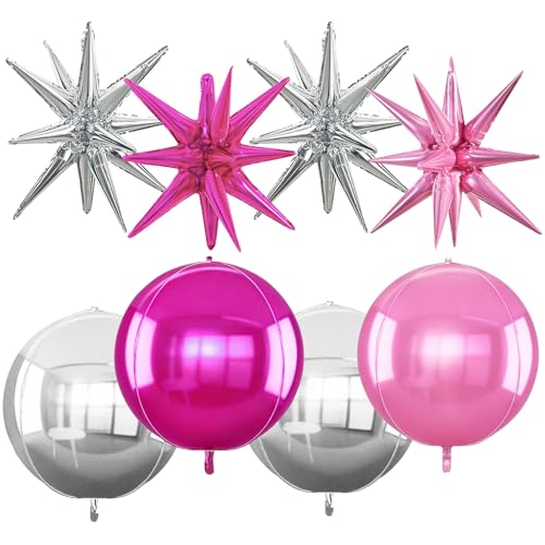 Image of TONIFUL 8Pcs 22Inch Silver Pink Rose Red Large 4D Giant Round Star Balloons Explosion Star Mylar Balloons Set for Christmas New Year Birthday Wedding Bridal Shower Anniversary Photo Booth Supplies