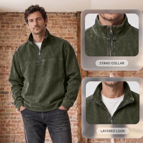 Denim Shirt Men Washed Retro Quarter Zip Pullover Shirt with Pockets - image 8