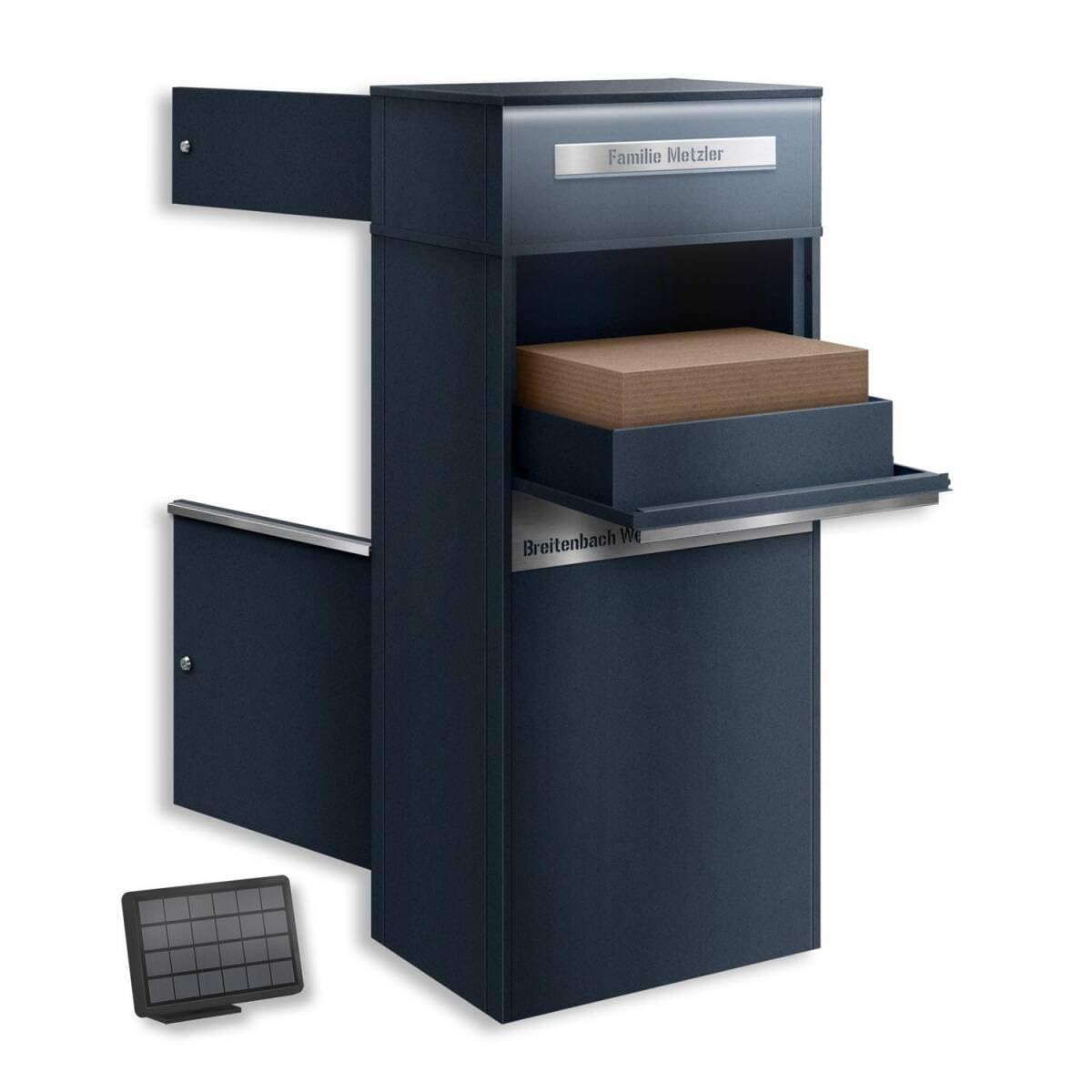 Metzler Paketbox mit LED und 1 Briefkasten | Paket- & Briefkasten | Entnahme hinten | Solar-LED | Standbriefkasten personalisiert mit Gravur, Paketkasten in RAL7016 Anthrazit