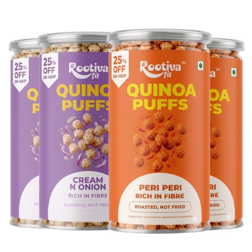 Image of ROOTIVAFIT Quinoa Puffs, Cream N Onion and Peri Peri Flavour, Roasted Not Fried, Rich in Fibre, Combo Pack of 4