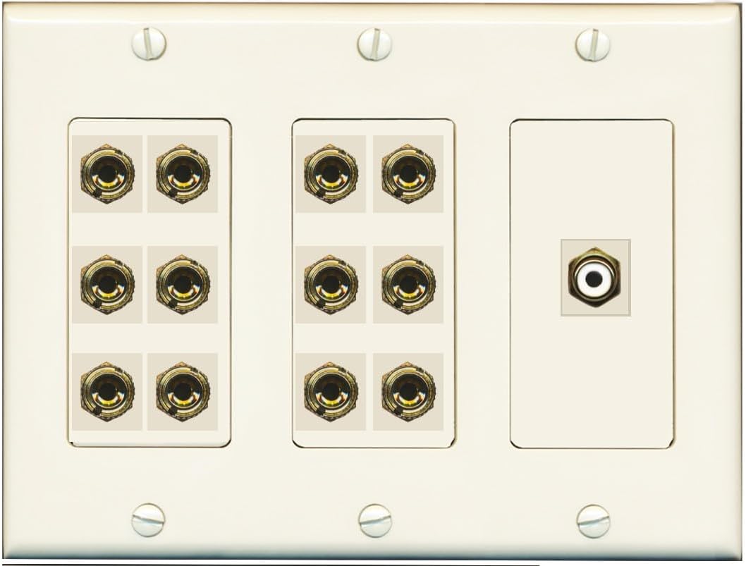 RiteAV 6.1 Surround Sound 6 Speaker 12 Banana Plug Jack Wall Plate w/RCA Subwoofer Female Connector - 3 Gang [Light Almond]
