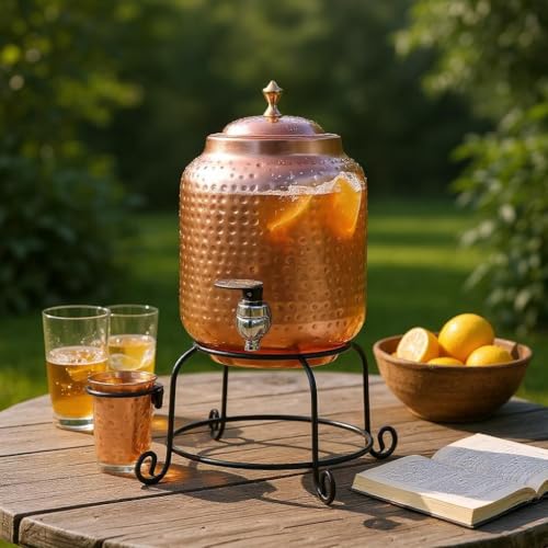 Image of 5 Litre Pure Copper Water Dispenser with Stand & 1 Copper Glass | Pure Copper Matka /Container Pot for Drinking Water Hammered | Ayurvedic Health Benefits (5000 ml)