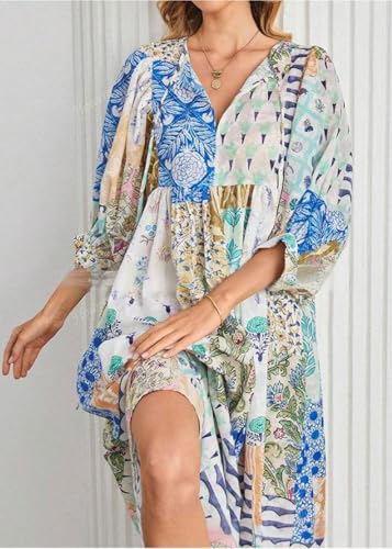 Image of CHARTOU Women Boho Floral Printed Long Dress Summer Lantern Half Sleeve Beach Flowy Loose Swing Chiffon Sundress