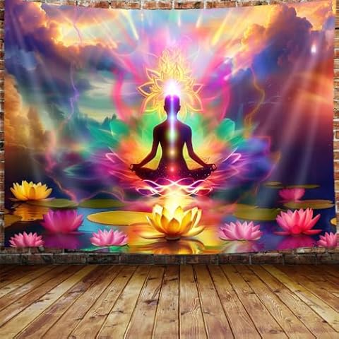 MERCHR Chakra Spiritual Tapestry, Yoga Room Pink Lotus Zen Hippie Tapestry Wall Hanging for Bedroom, Colorful Mandala Tapestries Poster Dorm Meditation Accessories Home Decor 40X30Inches Cover