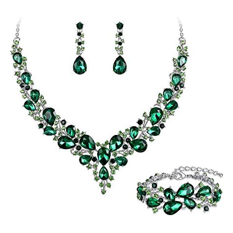 BriLove Wedding Bridal Jewelery for Women Austrian Crystal Teardrop Cluster Statement Necklace Dangle Earrings Link Bracelet Set Emerald Color Silver-Tone Cover