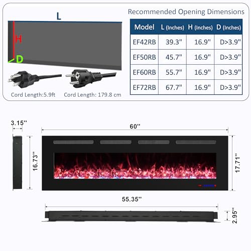 Mystflame 60" Ultra-Thin Electric Fireplace, Recessed/Wall, WiFi App, Black - image 2