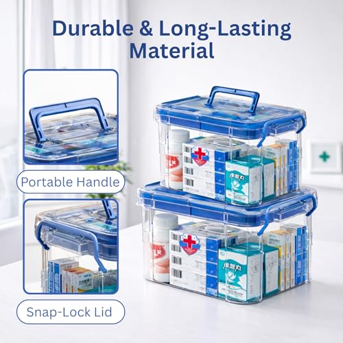 Image of HoopVool Plastic Medicine Storage Box Organizer, Family Emergency Kit Portable Lockable Container for, Art Craft and Household Organizer (Blue, Large)
