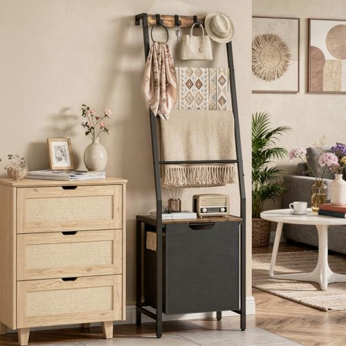 MAHANCRIS Blanket Ladder, 4-Tier Towel Rack with Pull-Out Laundry Basket