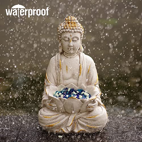 Goodeco Meditating Buddha Statue Sculpture - Outdoor Sitting Sculpture Decoration,Marble Finish With Lotus And Magical Glow In The Dark Pebbles And Glass Stones,Gift Idea,White Color (12 Inch) #TOP4