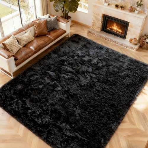 CHOSHOME Alfombras mullidas de Interior súper Suaves de Terciopelo, Linda Alfombra de Dormitorio, Adecuado para salón, 120x180cm Negro
