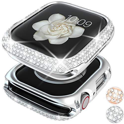 Goton Bling Case Compatible for Apple Watch Case 44mm Series 6/5 /4 /SE, Women Girl Luxury Sparkling Crystal Diamond Stainless Metal Bezel Case Cover for iWatch Series 6/5 /4 /SE (Silver, 44mm)