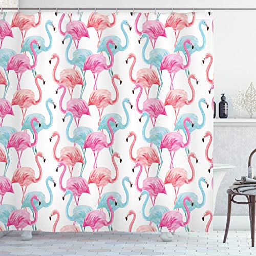 ABAKUHAUS Watercolor Shower Curtain, Flamingos in Many Colors Hand Drawn Bird Exotic Animals Illustration