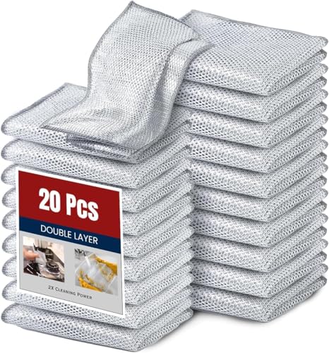 DOCAT Double Layered Dish Wash Cloth, Non Scratch Wire Dishcloth Multipurpose Dishwashing Rugs for Wet and Dry Stainless Steel Scrubber for Sinks Counters Kitchen Cleaning Supplies (20)