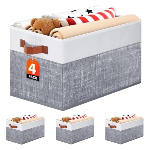 Fab totes Collapsible Storage Baskets for Shelves,14"x10", 4 Pack Foldable Fabric Storage Bins with Double Leather Handles, Large Baskets for Organizing Books, Clothes, White & Grey