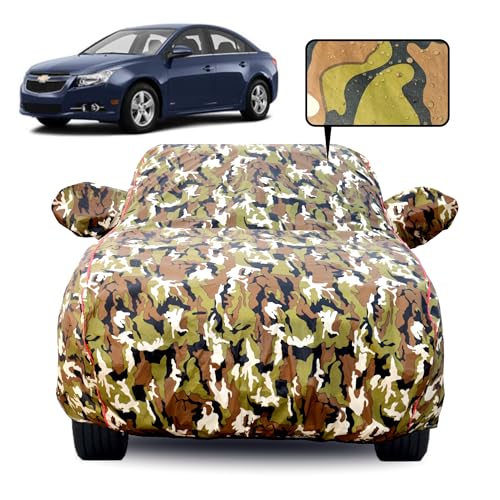 Image of Waterproof Car Body Cover for Chevrolet Cruze with Mirror Pocket, Soft Cotton Lining, Triple Stitched, Full Bottom Elastic (Heat Resistant Jungle Print with Red Piping)