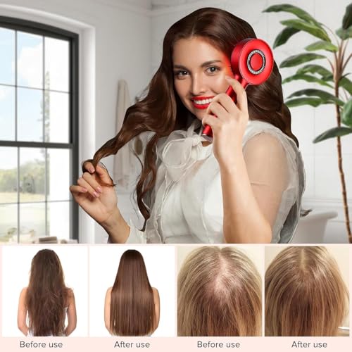 Image of Electric Scalp Comb with LED Light, Red Handheld Hair Scalp Device, Rechargeable with Oil Tank, USB Charging