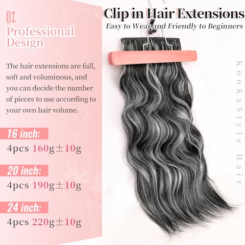 Image of KooKaStyle Clip in Hair Extensions Long Wavy 4PCS Thick Hairpieces Synthetic Highlight Hair Extensions Black and White Mix Fiber Double Weft Natural 20Inch for Women