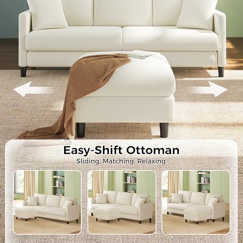 Image of Welzona 83 inch Couches for Living Room, Teddy Sofa Couch with Storage Ottomans, U Shaped Couch with Movable Ottomans, Tool-Free Modular Sectional Sofa, All-Wood Sofas for Living Room 2 Pillows, Beige