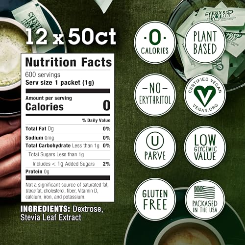Stevia In The Raw, Plant Based Zero Calorie, Sugar Substitute, No Erythritol, Sugar-Free Sweetener for Coffee, Hot & Cold Drinks, Suitable For Diabetics, Vegan, Gluten-Free, 50 Count Packets (12 Pack)