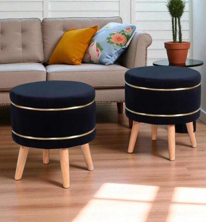 Image of Ottoman Stool for Living Room Foot Rest | Velvet Small Ottoman Foot Stool | Solid Wood Legs | Footstool Puffy for Home, Bedroom & Makeup Table | 16x16x18 Inch, Set of 2 (Black)