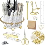 Dimonluce ゴールドデスクアクセサリー、オフィス用品360°ペンホルダーアクリルホッチキスセット、電話ホルダー、ボールペン、はさみ、バインダークリップ、定規、透明接着剤、付箋、ホッチキス針。