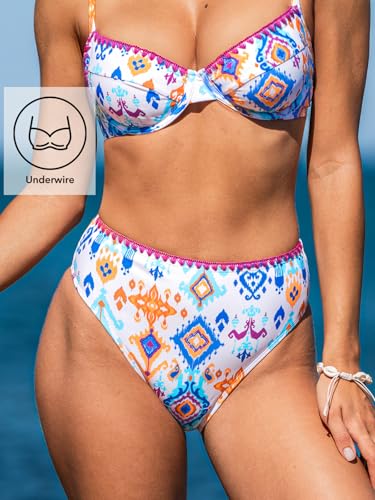 CUPSHE Women's Bikini Sets Two Piece Swimsuit V Neck High Waisted Underwire Stitching Adjustable Straps Back Hook3