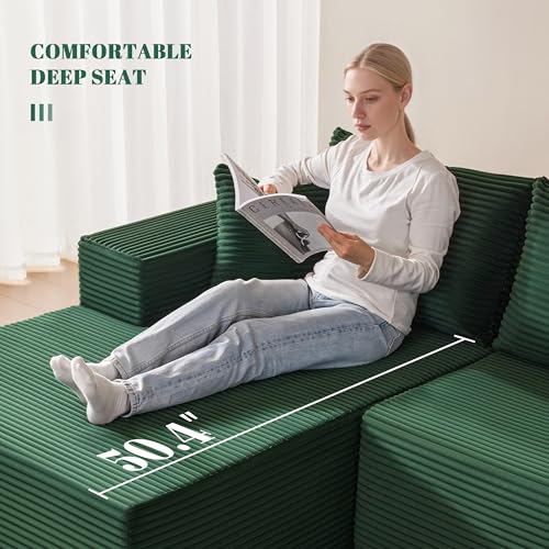 Image of Mangodan 110 inch Cloud Sectional Couch, Modular Sectional Sofa with Deep Seat, Boneless Sofa for Living Room, Fluffy Comfy U-Shaped Couch with Left Facing Chaise, No Assembly Required, Green