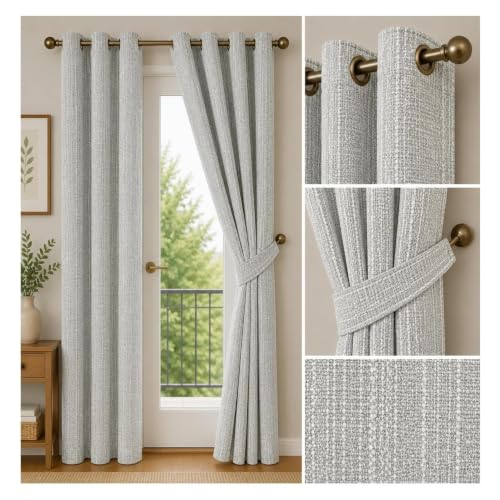 Image of Premium Faux Linen Curtain with Eyelets & Tie-Back | Modern Textured Light Filtering Door & Window Curtain for Home & Office | Washable, Durable & Easy to Maintain | Dove, Door - 7 ft