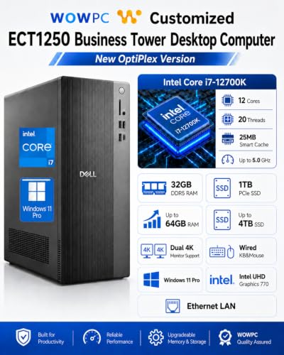 Image of Customized Dell ECT1250 Business Tower Desktop Computer, New OptiPlex Version-Intel Core i7-12700K, 32GB DDR5 1TB SSD, Up to 64GB RAM 4TB SSD, Dual 4K Monitor Support, Wired KB&Mouse, Win11Pro