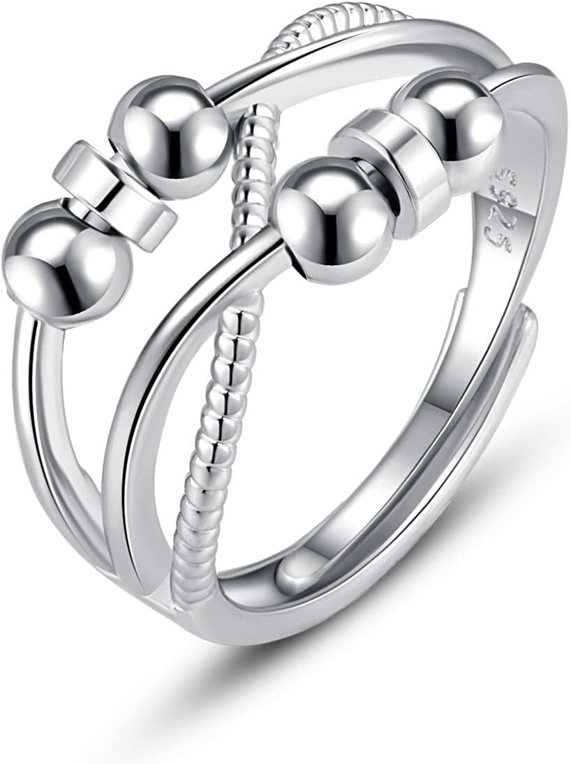 Anxiety Rings for Women Girls, Silver Anti-Stress Fidget Spinning Rings with Beads, Adjustable Open Celtic Knot Thumb Ring for Anxiety Relieving